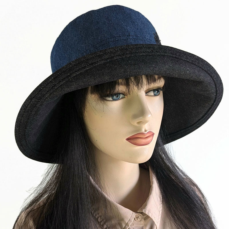 100 Fashion Sunblocker with wide brim and adjustable fit, two tone denim