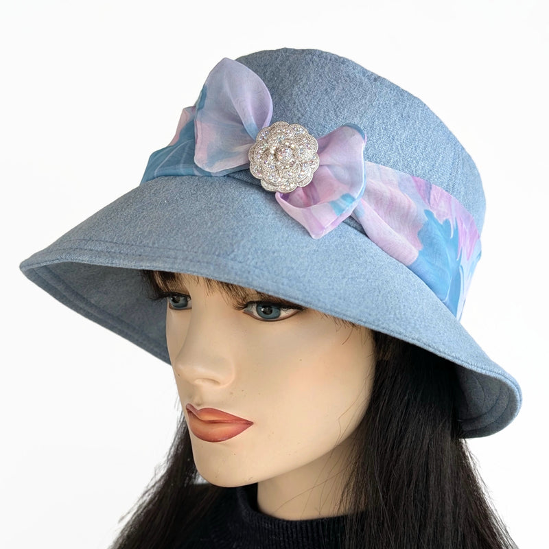 Sun Hat Perfect Bucket Hat, bleached denim with scarf and pin trim, with deep bucket brim