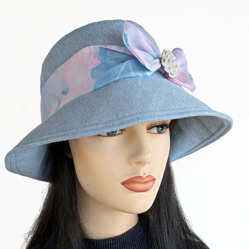 Sun Hat Perfect Bucket Hat, bleached denim with scarf and pin trim, with deep bucket brim