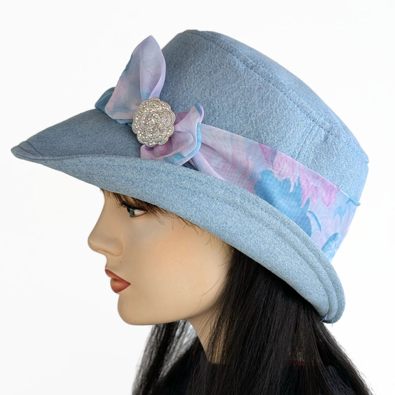 Sun Hat Perfect Bucket Hat, bleached denim with scarf and pin trim, with deep bucket brim