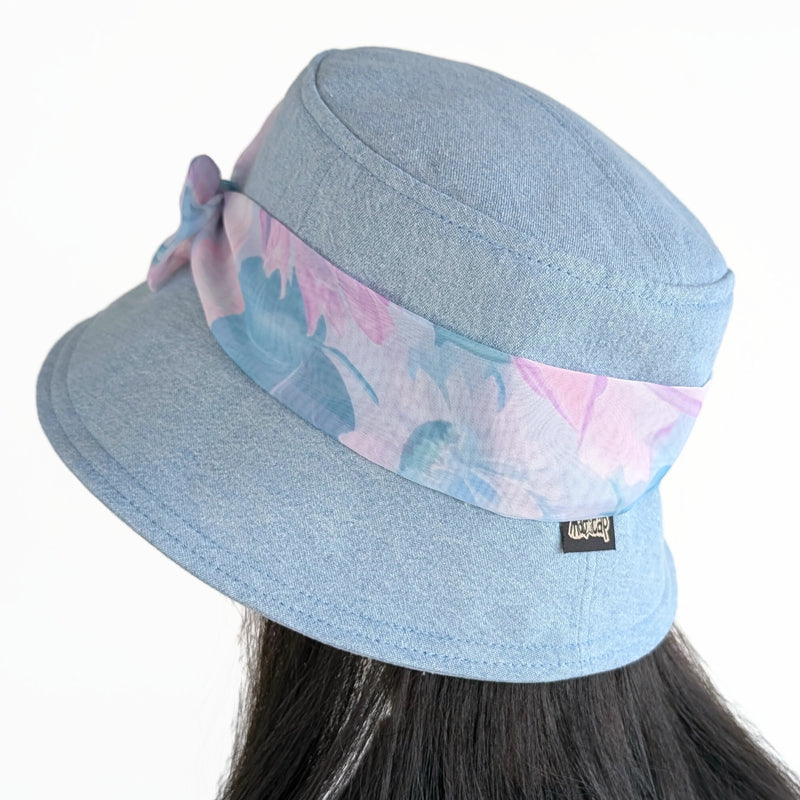 Sun Hat Perfect Bucket Hat, bleached denim with scarf and pin trim, with deep bucket brim