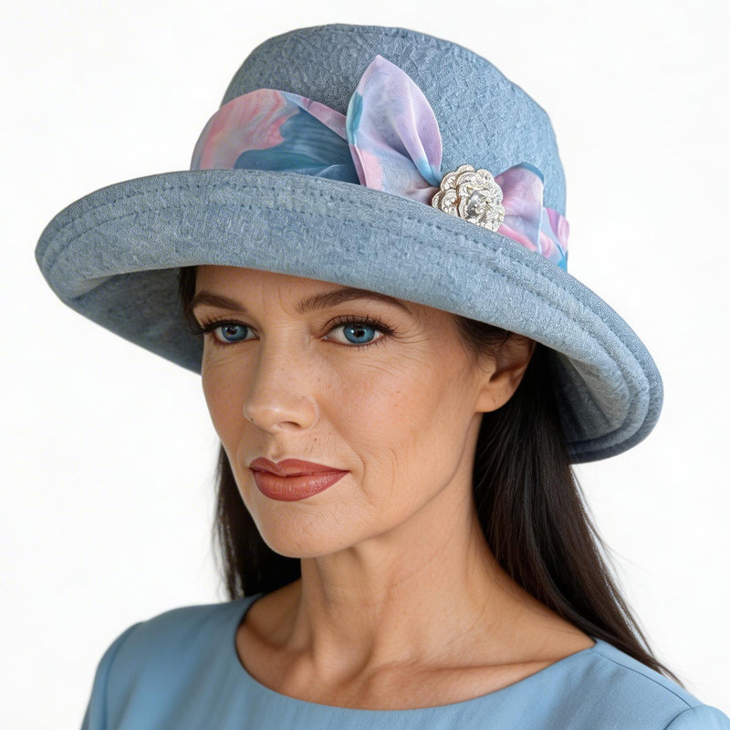 Sun Hat Perfect Bucket Hat, bleached denim with scarf and pin trim, with deep bucket brim