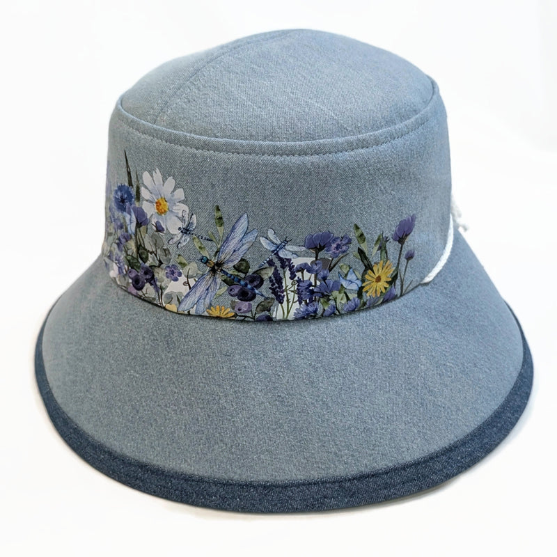 Sunblocker UV summer hat sun hat with wide brim, bleached denim dragonfly print, adjustable fit