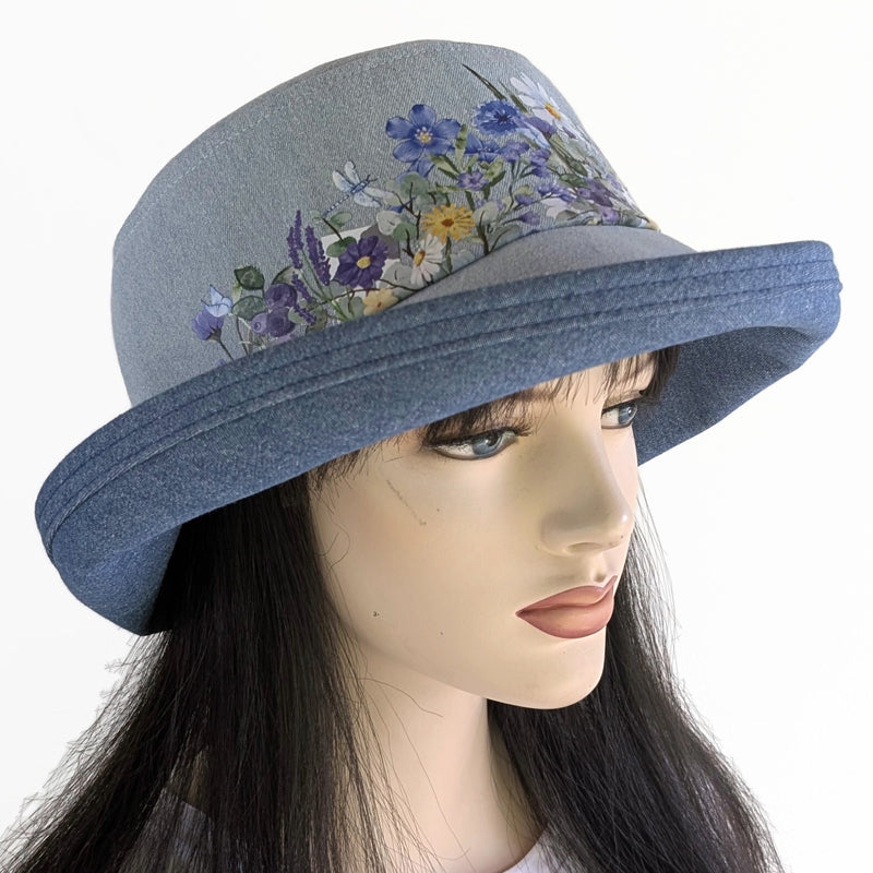 Sunblocker UV summer hat sun hat with wide brim, bleached denim dragonfly print, adjustable fit