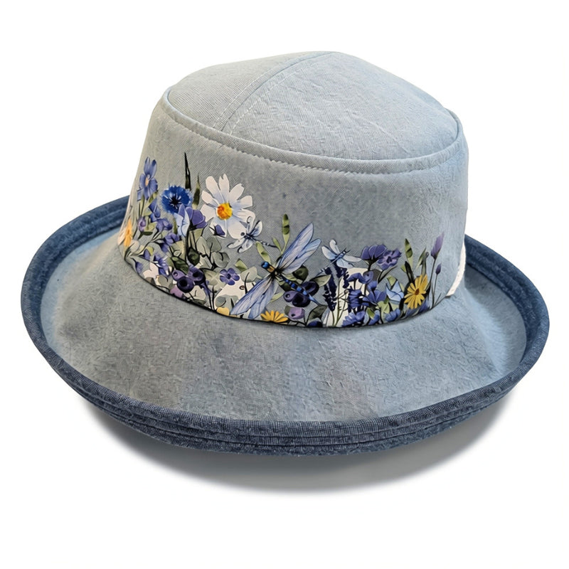 Sunblocker UV summer hat sun hat with wide brim, bleached denim dragonfly print, adjustable fit