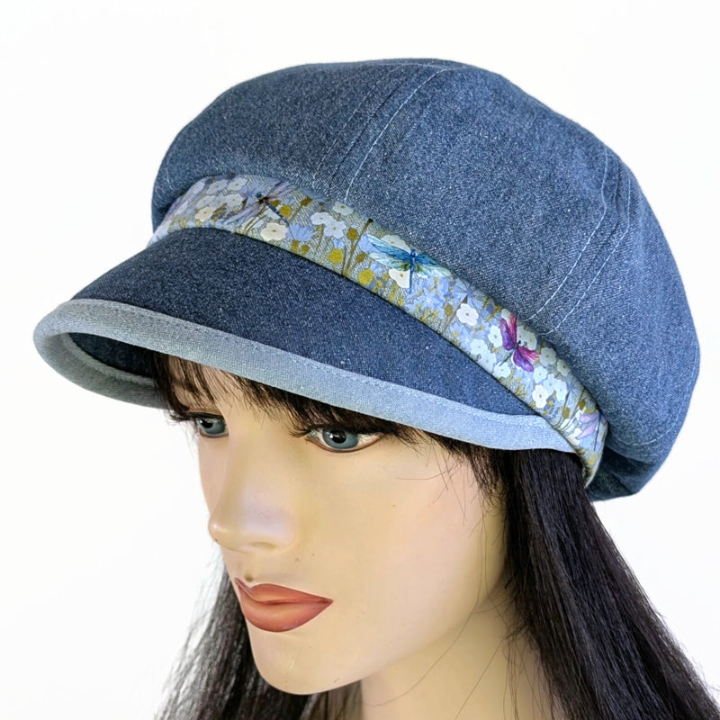Poorboy Fashion Cap in washed blue denim, floral with dragonflies in pastels, flattering visor, baggy fit