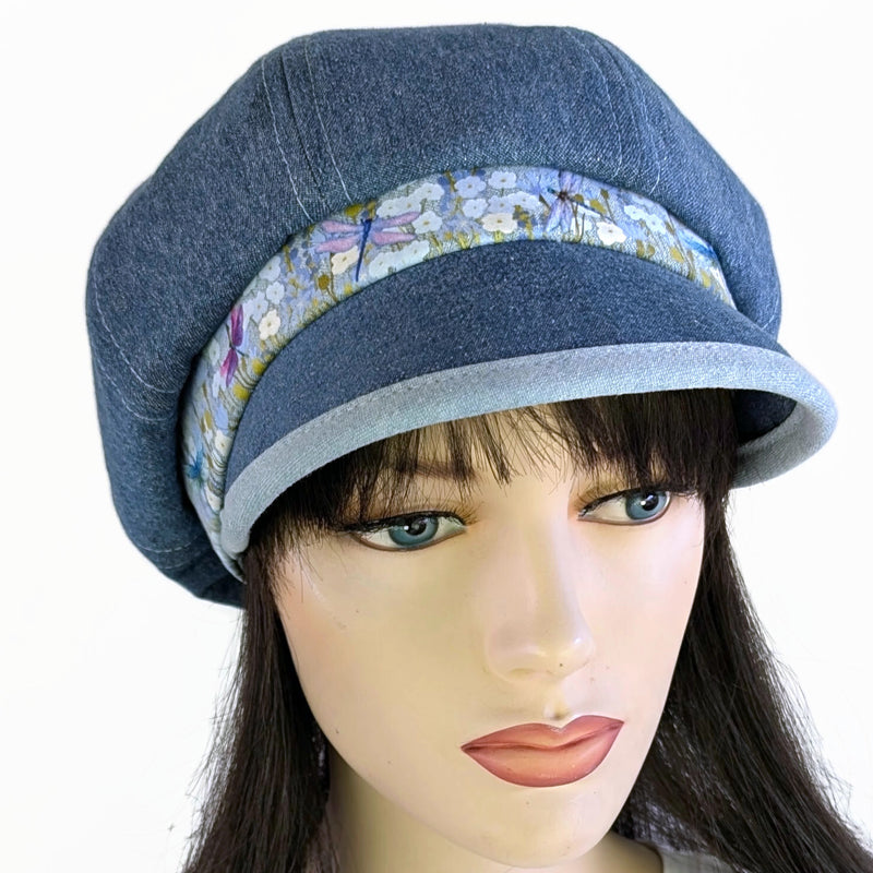 Poorboy Fashion Cap in washed blue denim, floral with dragonflies in pastels, flattering visor, baggy fit