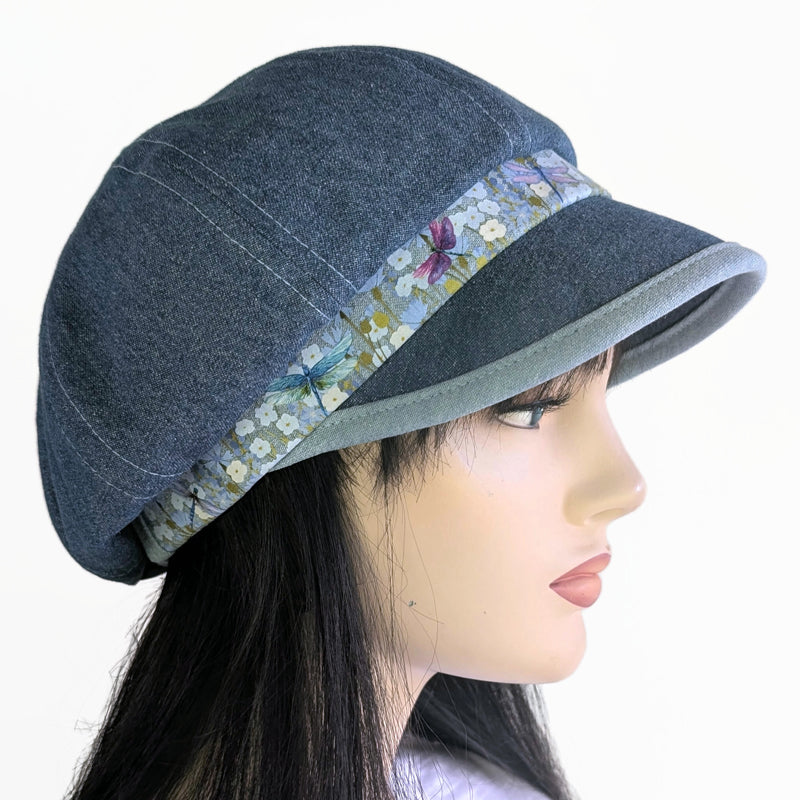 Poorboy Fashion Cap in washed blue denim, floral with dragonflies in pastels, flattering visor, baggy fit