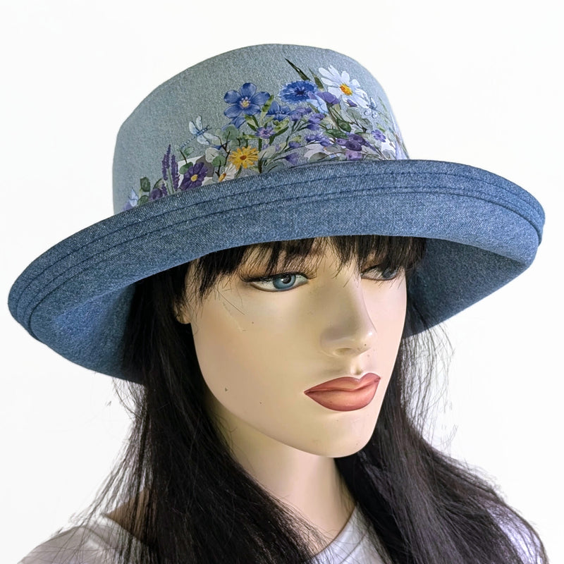 Sunblocker UV summer hat sun hat with wide brim, bleached denim dragonfly print, adjustable fit