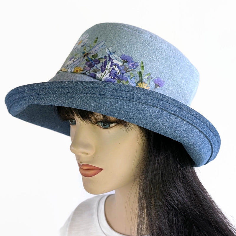 Sunblocker UV summer hat sun hat with wide brim, bleached denim dragonfly print, adjustable fit