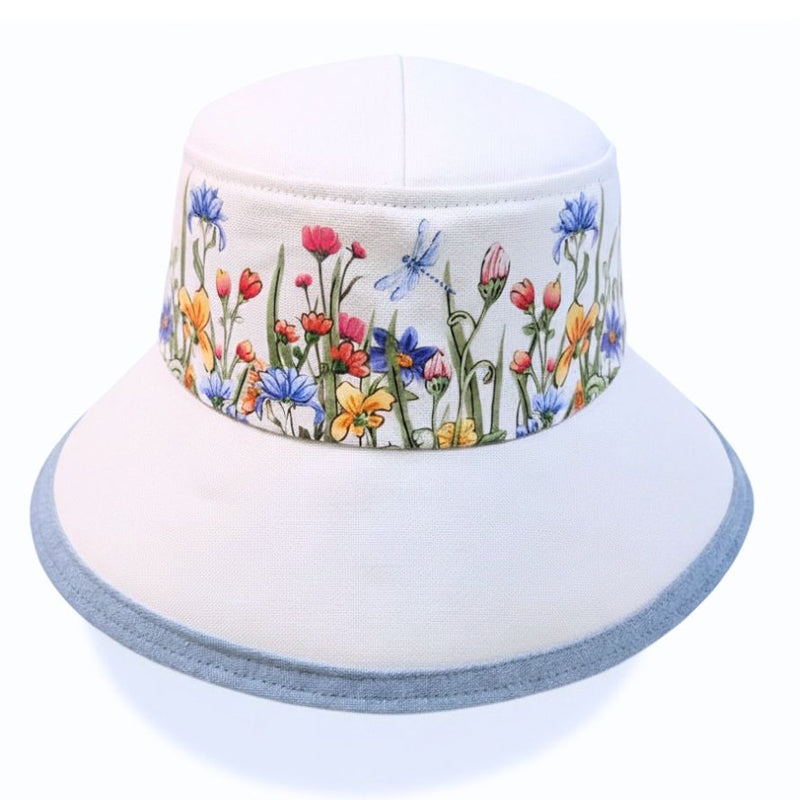 The Perfect Sun Hat Fun Hat, white with featuring wildflowers and dragonfly, with flattering brim mid size brim