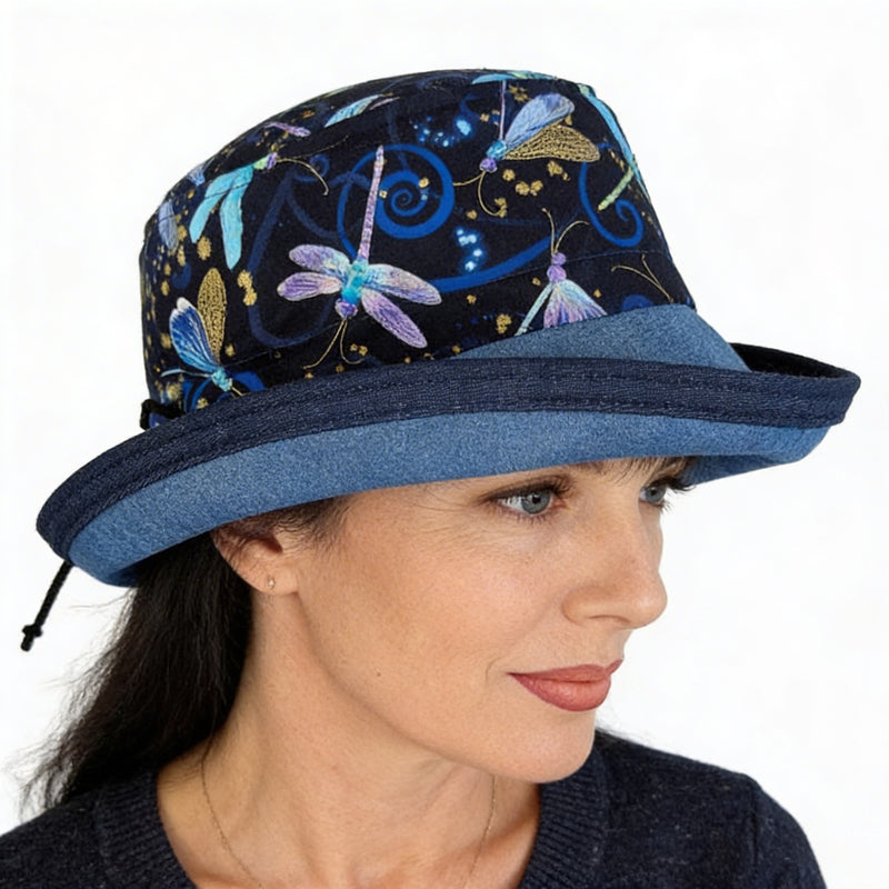 Sunblocker UV summer sun hat with wide brim, featuring royal dragonfly print, adjustable fit