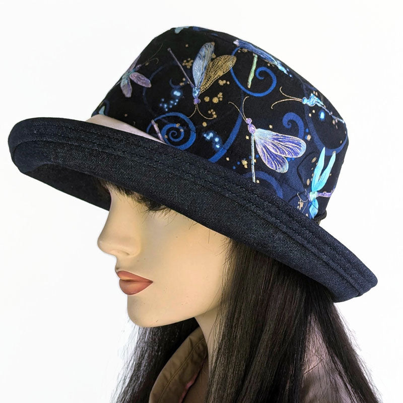 106-a Sunblocker UV summer sun hat with large wide brim featuring dragonfly print in navy