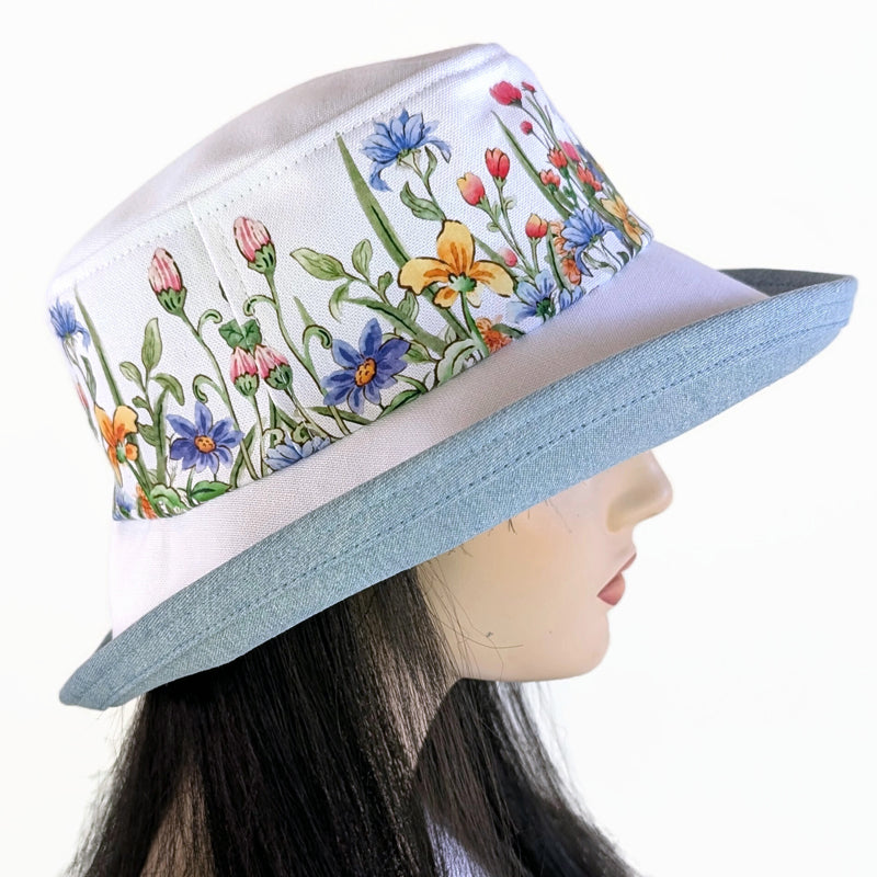 The Perfect Sun Hat Fun Hat, white with featuring wildflowers and dragonfly, with flattering brim mid size brim