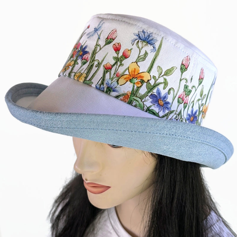 The Perfect Sun Hat Fun Hat, white with featuring wildflowers and dragonfly, with flattering brim mid size brim