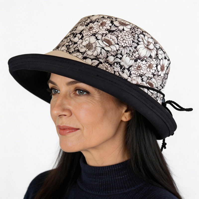 Sunblocker UV summer hat sun hat with wide brim, earth tone floral, adjustable fit