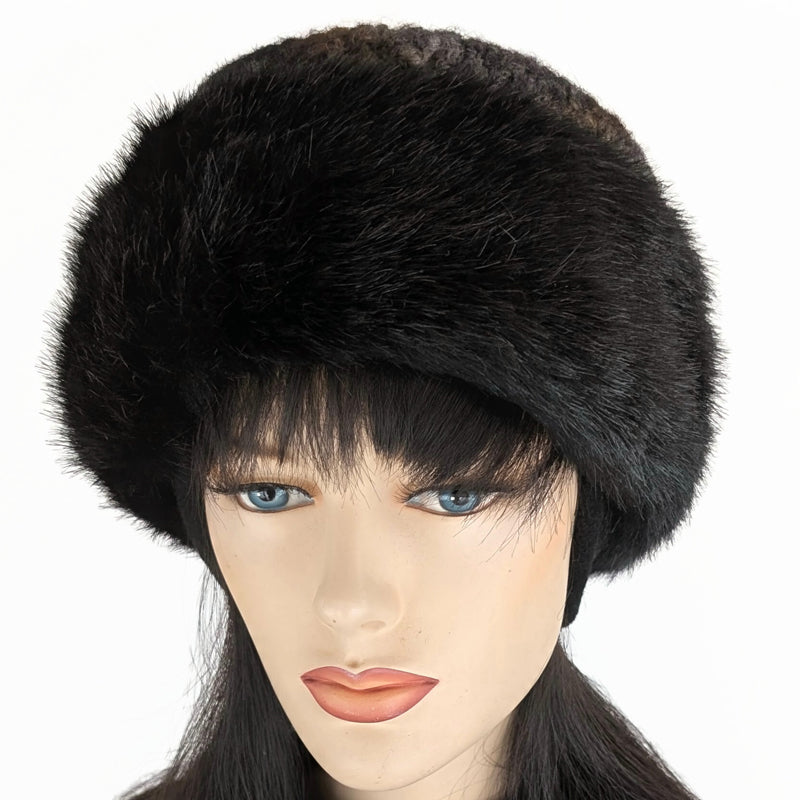 Faux Fur and Boucle Fashion Pillbox Beanie Toque Hat, earth tones, tuck up earflaps