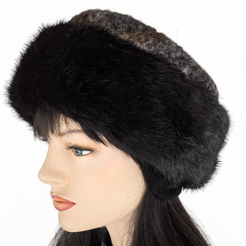 Faux Fur and Boucle Fashion Pillbox Beanie Toque Hat, earth tones, tuck up earflaps