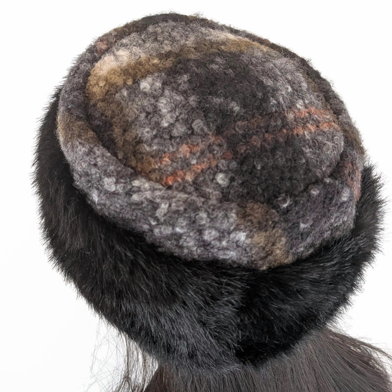 Faux Fur and Boucle Fashion Pillbox Beanie Toque Hat, earth tones, tuck up earflaps