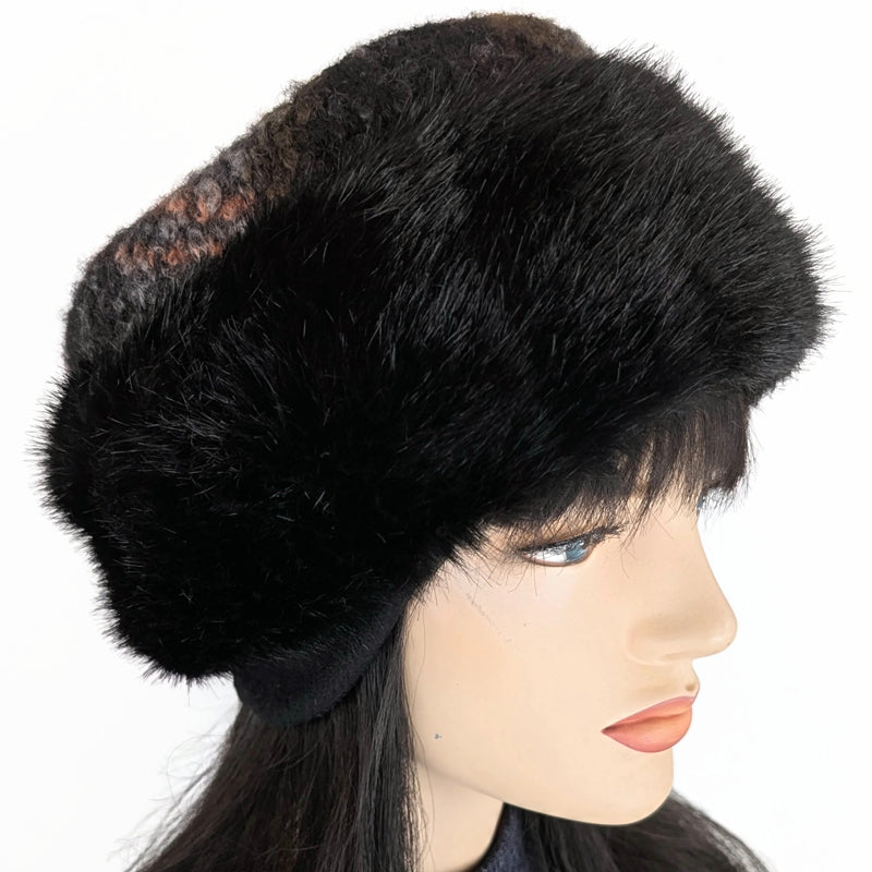 Faux Fur and Boucle Fashion Pillbox Beanie Toque Hat, earth tones, tuck up earflaps