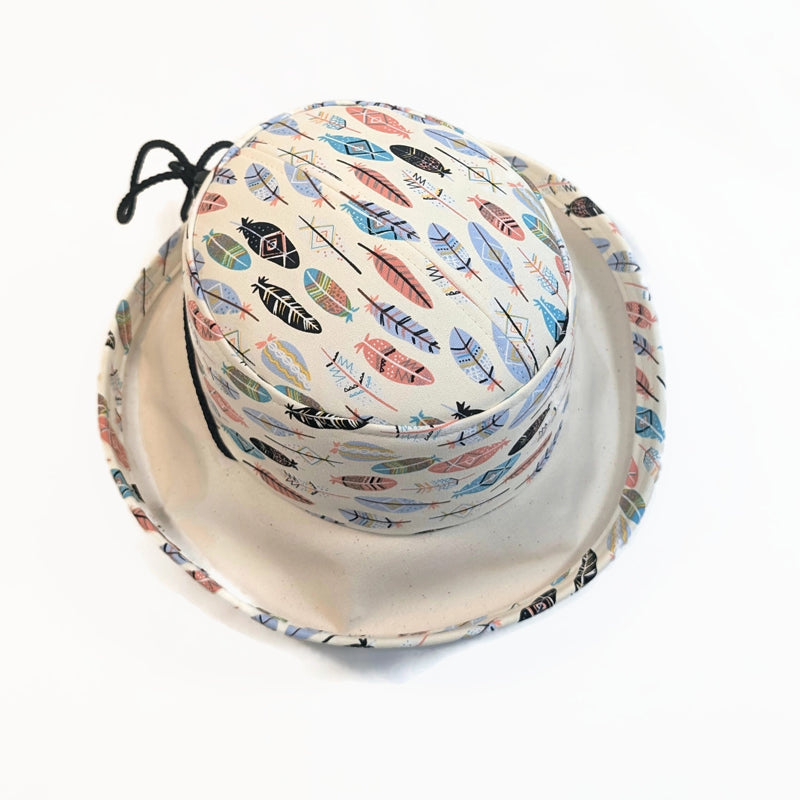 Sunblocker UV Summer Sun Hat, feathers in warm neutral colors, adjustable fit
