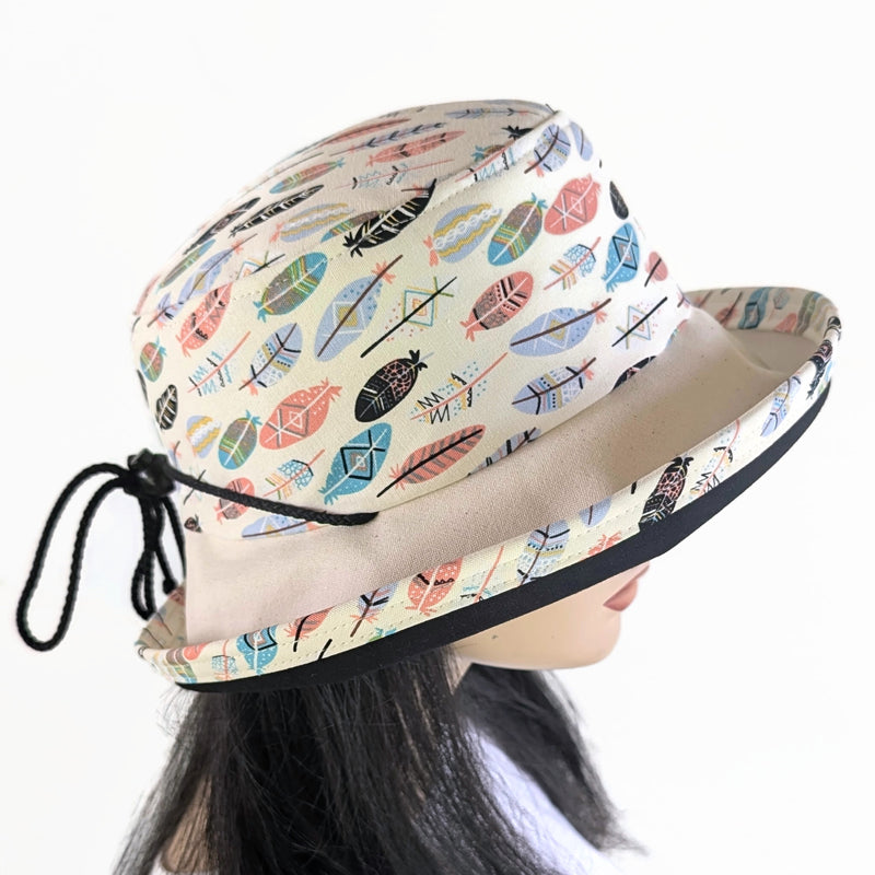 Sunblocker UV Summer Sun Hat, feathers in warm neutral colors, adjustable fit