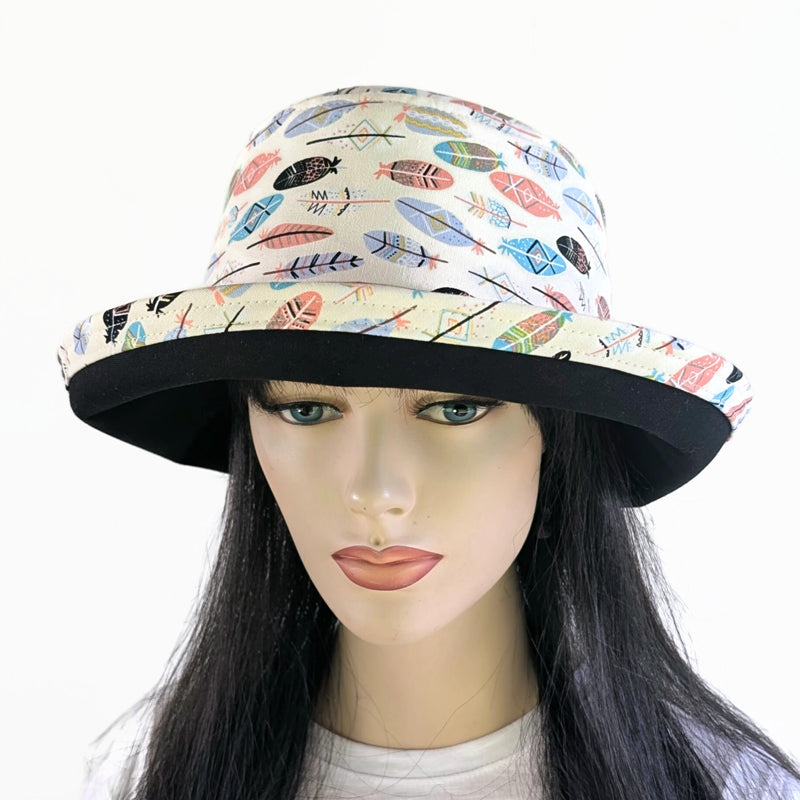 Sunblocker UV Summer Sun Hat, feathers in warm neutral colors, adjustable fit