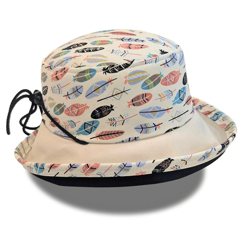 Sunblocker UV Summer Sun Hat, feathers in warm neutral colors, adjustable fit