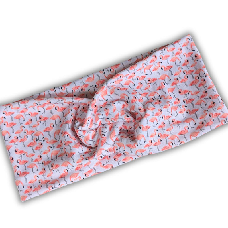 Premium, wide turban style comfy wide jersey knit headband, small flamingos on white