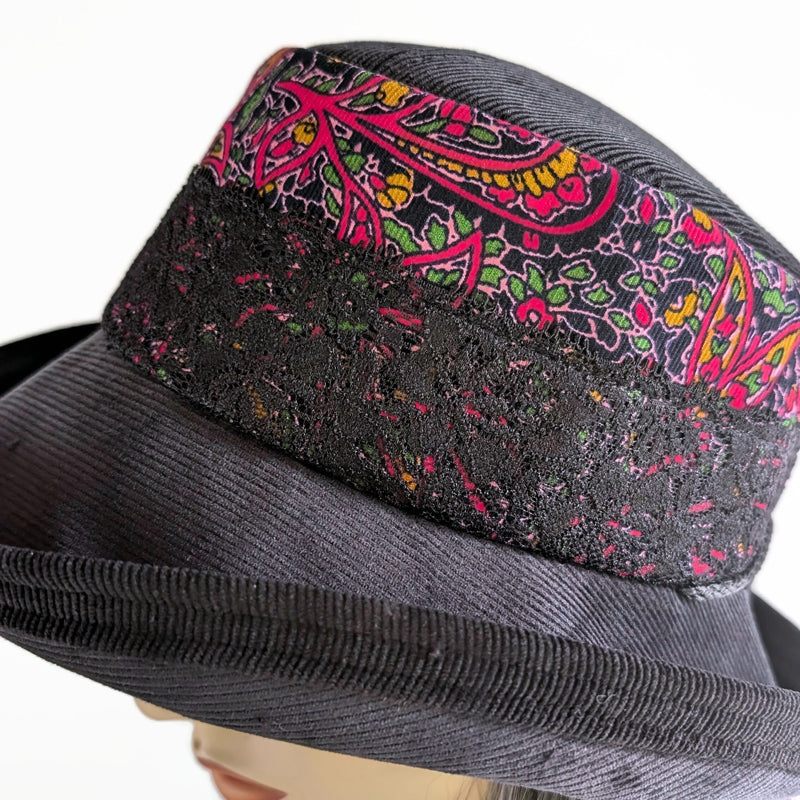 Cord Fashion Hat, cool weather sunblocker with adjustable fit, red and black floral abstract band, wide bucket brim