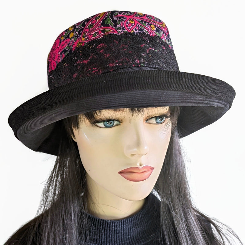 Cord Fashion Hat, cool weather sunblocker with adjustable fit, red and black floral abstract band, wide bucket brim