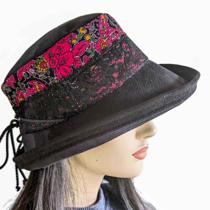 Cord Fashion Hat, cool weather sunblocker with adjustable fit, red and black floral abstract band, wide bucket brim
