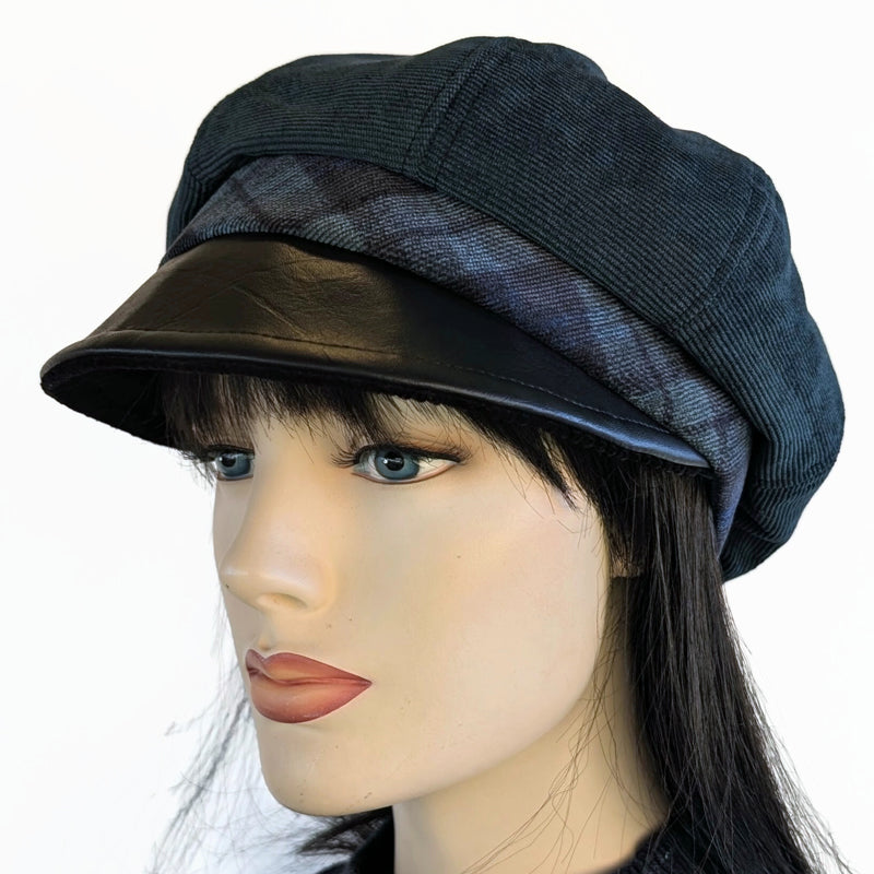 Poorboy Fashion Cap, relaxed fit,  forest green corduroy with black faux leather visor and black watch plaid band