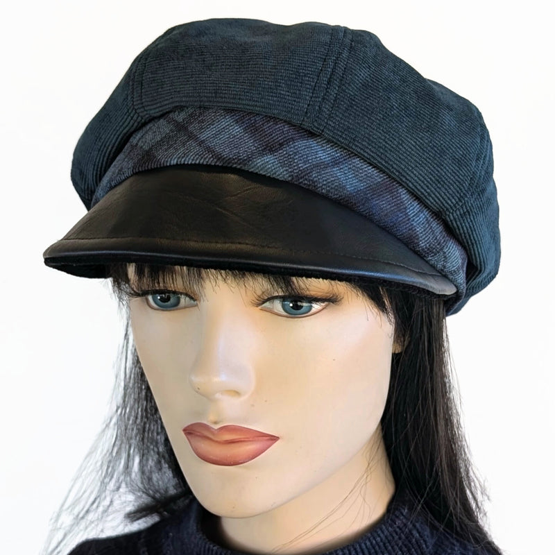 Poorboy Fashion Cap, relaxed fit,  forest green corduroy with black faux leather visor and black watch plaid band