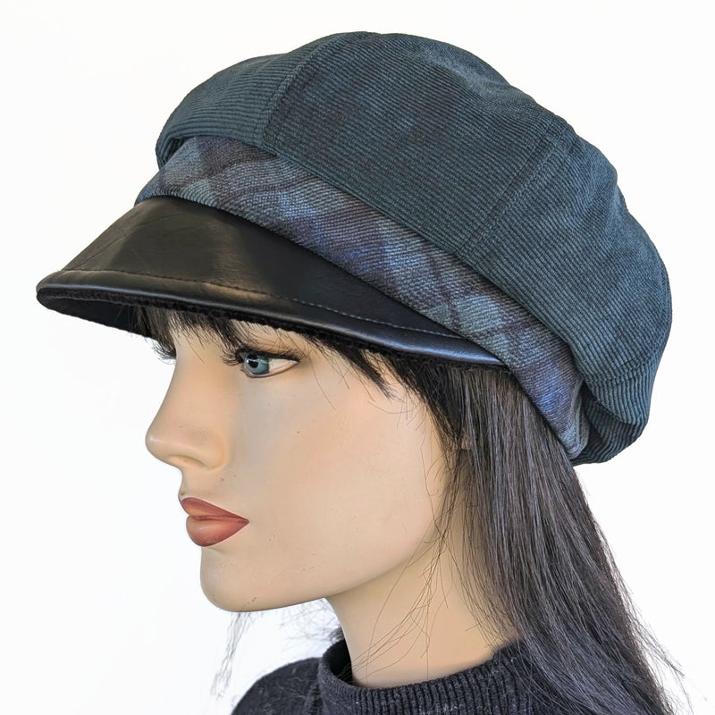 Poorboy Fashion Cap, relaxed fit,  forest green corduroy with black faux leather visor and black watch plaid band