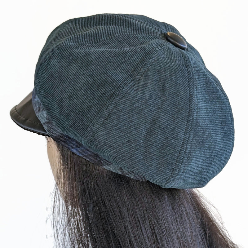 Poorboy Fashion Cap, relaxed fit,  forest green corduroy with black faux leather visor and black watch plaid band