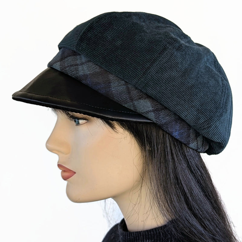 Poorboy Fashion Cap, relaxed fit,  forest green corduroy with black faux leather visor and black watch plaid band