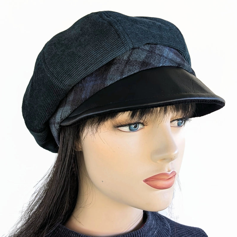 Poorboy Fashion Cap, relaxed fit,  forest green corduroy with black faux leather visor and black watch plaid band
