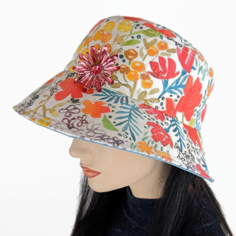 Sun Hat Perfect Bucket Hat, cotton linen with flower pin, fun floral with deep bucket brim