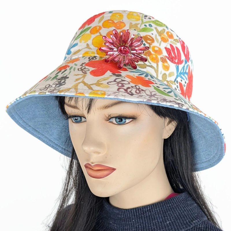 Sun Hat Perfect Bucket Hat, cotton linen with flower pin, fun floral with deep bucket brim