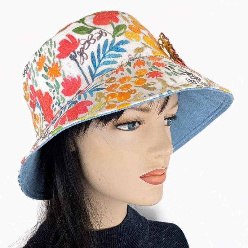 Sun Hat Perfect Bucket Hat, cotton linen with flower pin, fun floral with deep bucket brim