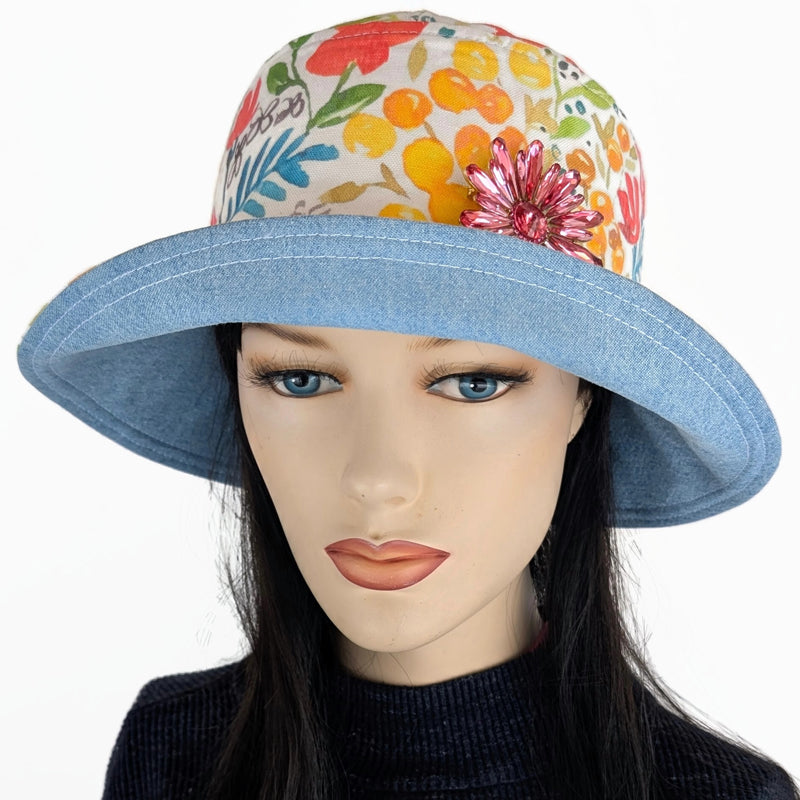Sun Hat Perfect Bucket Hat, cotton linen with flower pin, fun floral with deep bucket brim