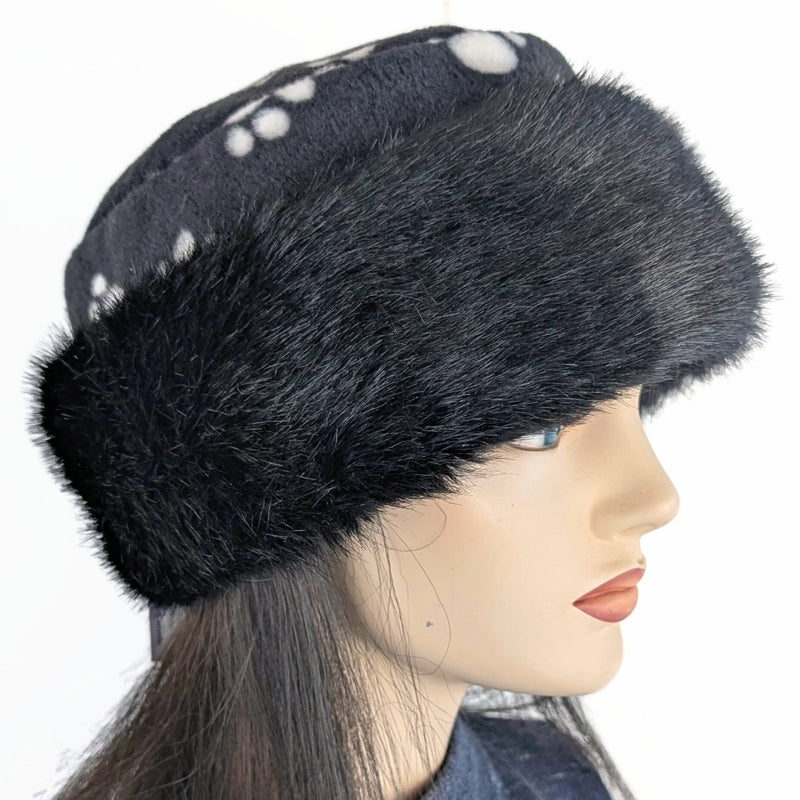 Faux Fur Fashion Pillbox Beanie Toque Hat, black with fleece paw print, tuck up earflaps
