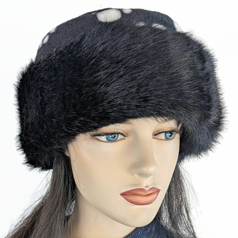 Faux Fur Fashion Pillbox Beanie Toque Hat, black with fleece paw print, tuck up earflaps