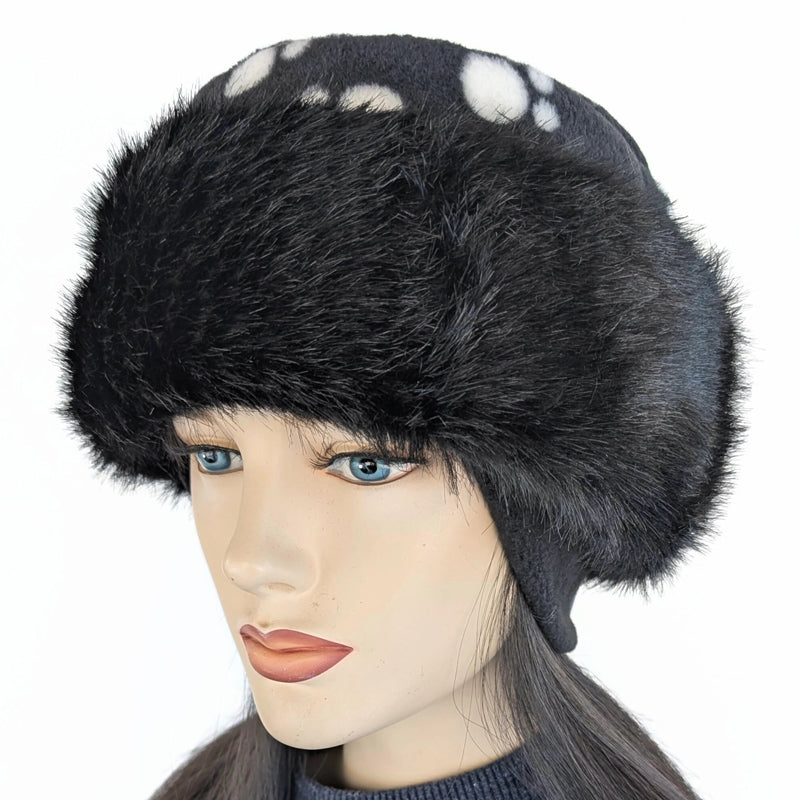 Faux Fur Fashion Pillbox Beanie Toque Hat, black with fleece paw print, tuck up earflaps