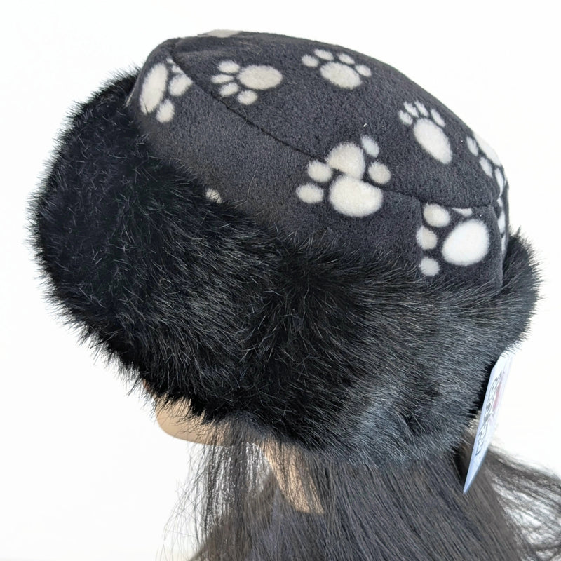 Faux Fur Fashion Pillbox Beanie Toque Hat, black with fleece paw print, tuck up earflaps