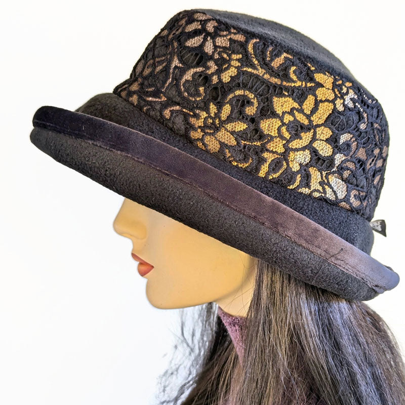 Premium Winter Fashion Hat with velvet trim, black with gold lace band trim