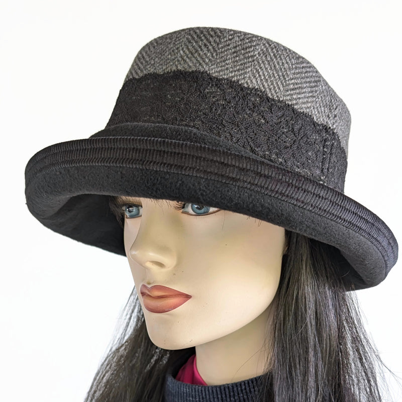 Winter Fashion hat with large bucket brim, red and black plaid with lace trim