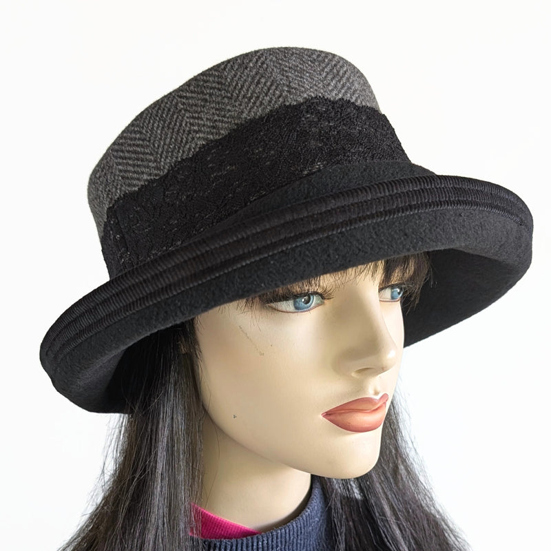 Winter Fashion hat with large bucket brim, red and black plaid with lace trim