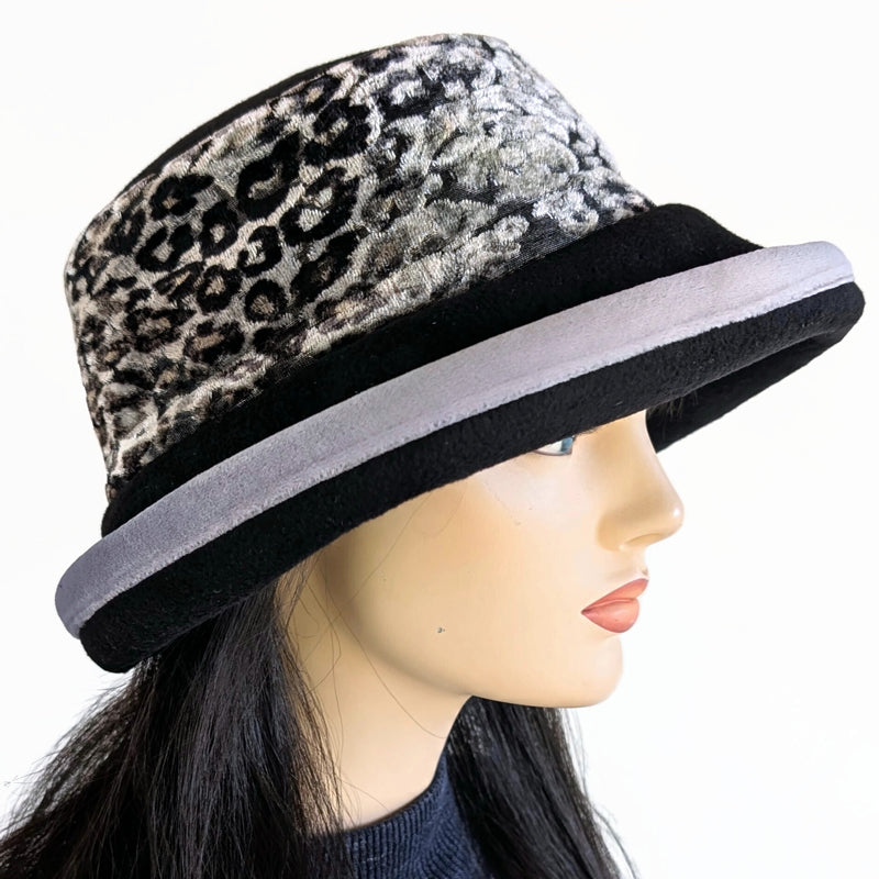 Premium Winter Fashion Hat with earflaps, in black with gorgeous silver and black animal print velvet band, silver velvet trim and wide brim